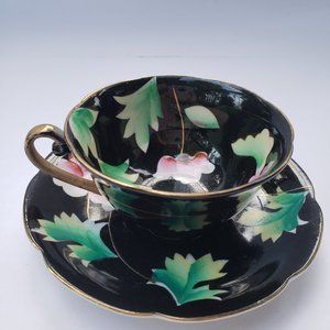 Vintage Black Floral Tea Cup & Saucer - Made in Japan